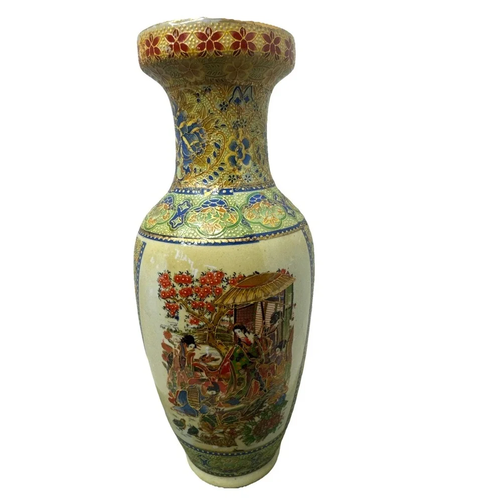 Vintage Japanese Royal‎ Satsuma Moriage Vase Geisha Flowers Large Vase (9
